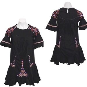 Free People Women's Black Embroidered Pavlo Ruffled Tiered Mini Dress Medium